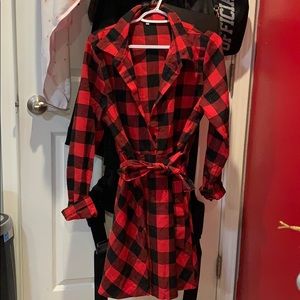 Buffalo plaid self tie button front dress